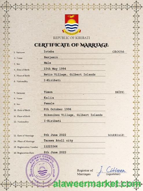 Kiribati marriage certificate PSD template
